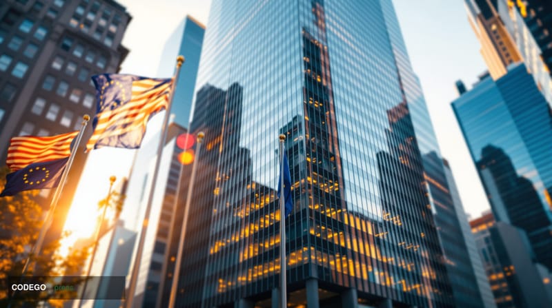 A dramatic wide-angle shot of JPMorgan Chase's corporate headquarters at 270 Park Avenue in Manhattan's financial district, p