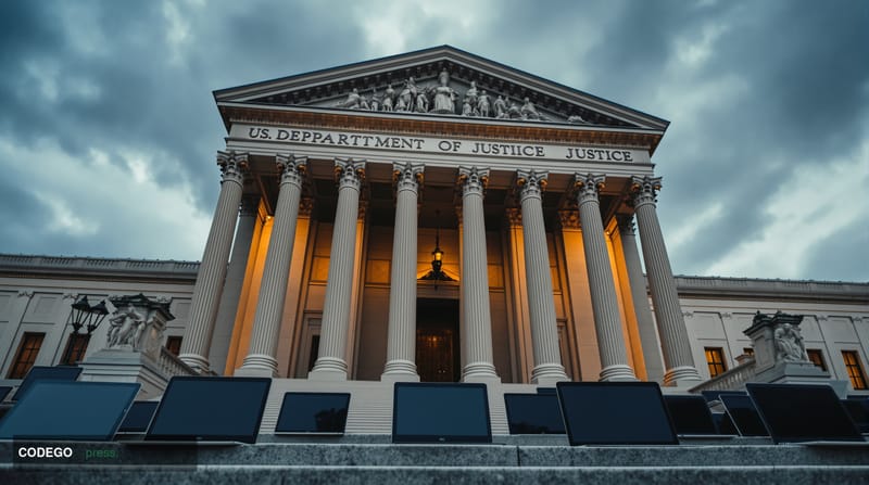 A cinematic editorial photograph showing the imposing neoclassical facade of the US Department of Justice building in Washing