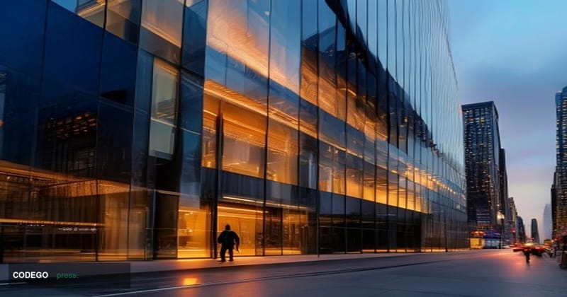 A cinematic photorealistic editorial photograph showing the modern glass facade of Kalshi's New York headquarters building, c