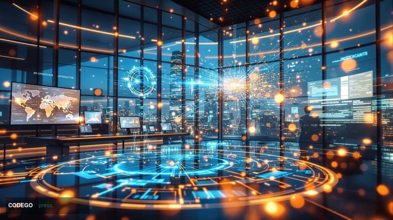 A photorealistic editorial photograph showing a modern decentralized finance operations center with multiple curved monitors 