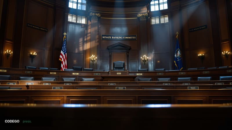 A cinematic editorial photograph of the U.S. Senate Banking Committee hearing room in the Hart Senate Office Building, shot f