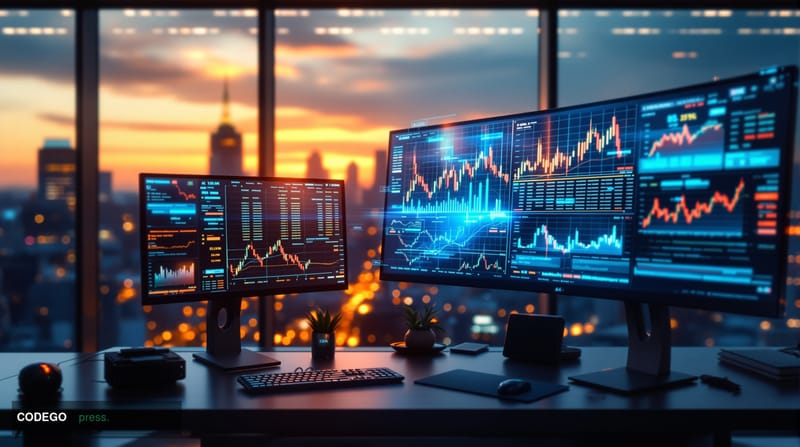 A photorealistic editorial photograph showcasing advanced AI technology in financial document analysis. The scene features a 