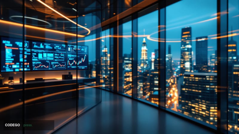 A photorealistic editorial photograph showing a modern financial technology office environment with sleek glass surfaces and 