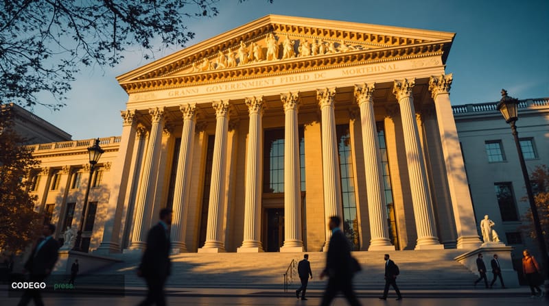 A photorealistic cinematic editorial photograph of the Federal Reserve Building in Washington D.C., shot from a low angle per