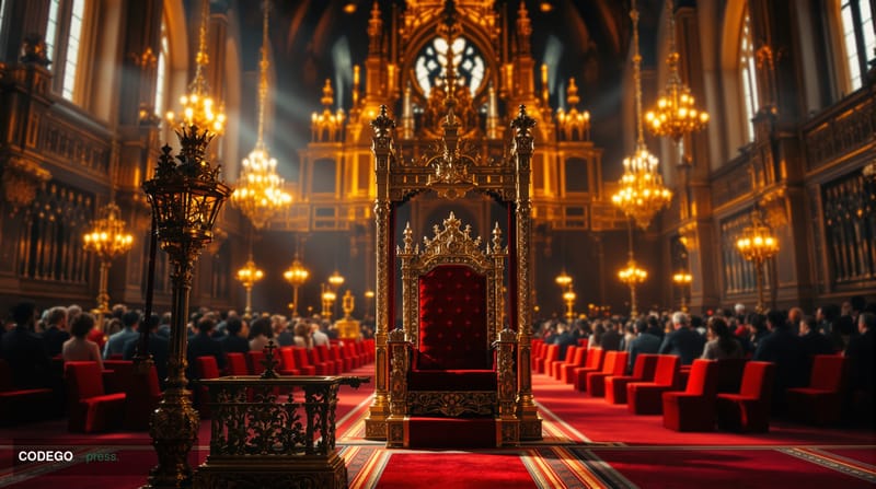 Photorealistic editorial photograph of the ornate interior of the House of Lords chamber during the State Opening of Parliame