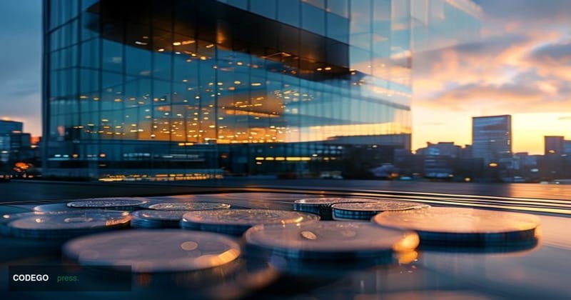 A photorealistic 8K editorial photograph of Kioxia's modern corporate headquarters in Yokohama, Japan, captured during golden