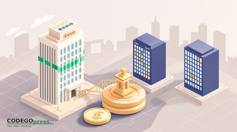 Flat 3D isometric vector editorial illustration. Central composition: a traditional Korean banking building (simplified geome