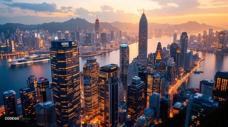 A dramatic aerial view of Hong Kong's iconic financial district skyline at golden hour, with the gleaming skyscrapers of Cent
