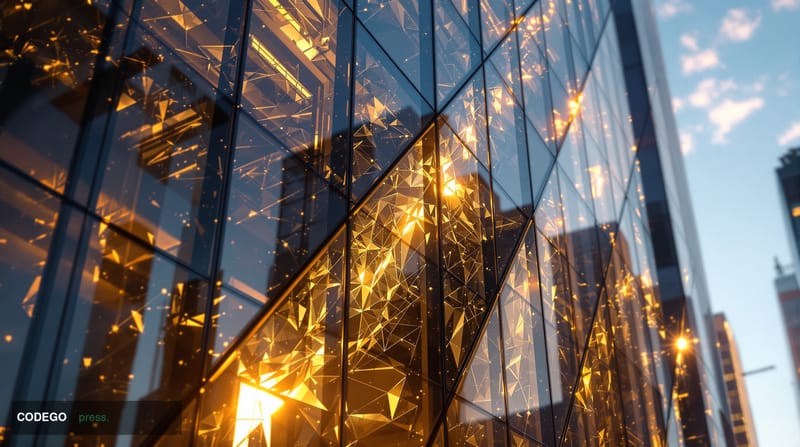A photorealistic editorial photograph showing the modern glass facade of Kraken's San Francisco headquarters with dramatic la