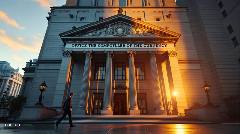 A dramatic architectural photograph of the Office of the Comptroller of the Currency headquarters building in Washington D.C.