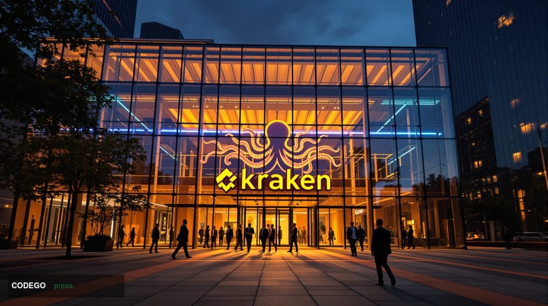 A dramatic wide-angle photograph of Kraken's San Francisco headquarters building exterior at golden hour, with the company's 