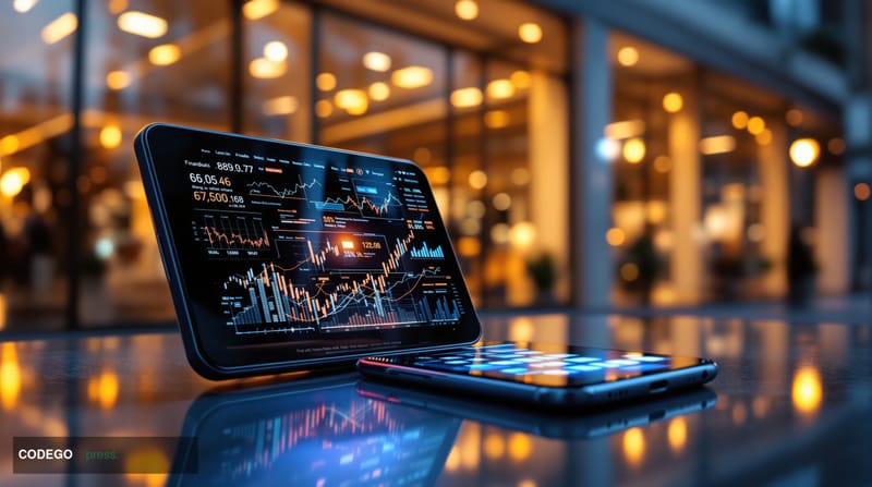 A photorealistic editorial photograph showcasing the convergence of digital and traditional finance. The scene features a mod
