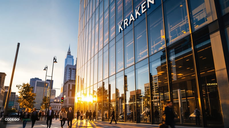 A photorealistic editorial photograph capturing Kraken's San Francisco headquarters exterior at golden hour, with the iconic 