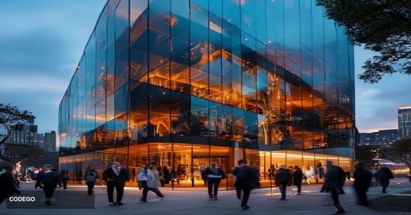 A photorealistic editorial photograph showing Kraken's San Francisco headquarters building exterior during golden hour, with 