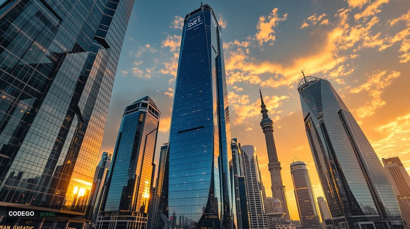 A photorealistic editorial photograph capturing Dubai's iconic skyline with the Burj Khalifa prominently featured, shot durin