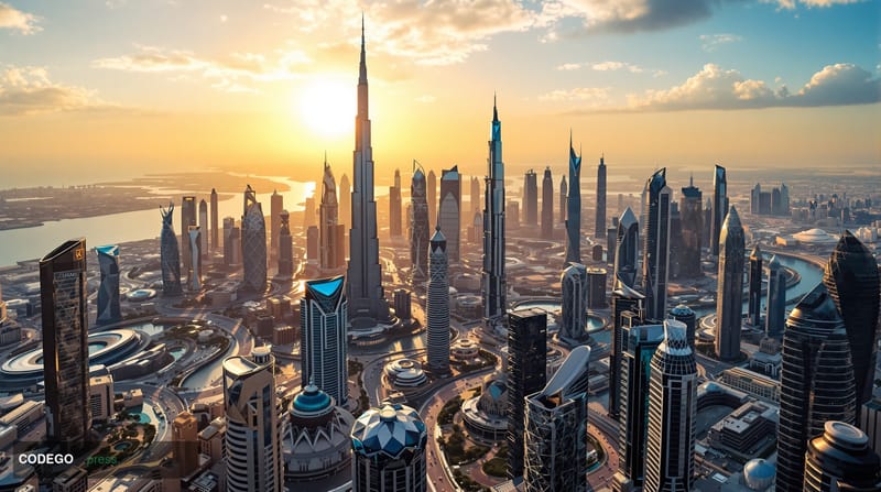 A cinematic editorial photograph showcasing Dubai's futuristic financial district skyline at golden hour, with the iconic Bur