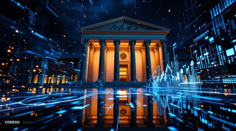 A dramatic photorealistic editorial photograph showcasing the intersection of cryptocurrency and traditional banking. The sce
