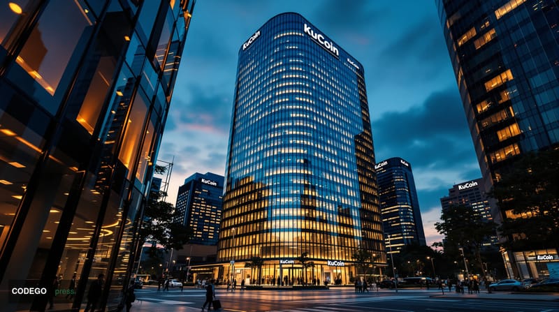 A photorealistic editorial photograph of KuCoin's corporate headquarters building in Singapore's Central Business District, c