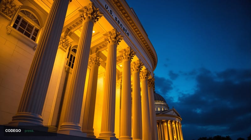 A dramatic wide-angle photograph of the imposing neoclassical facade of the United States Senate building at dusk, with warm 
