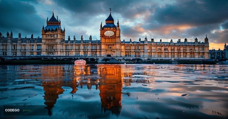 A cinematic editorial photograph showing the iconic Westminster Palace and Big Ben from across the Thames, shot during golden