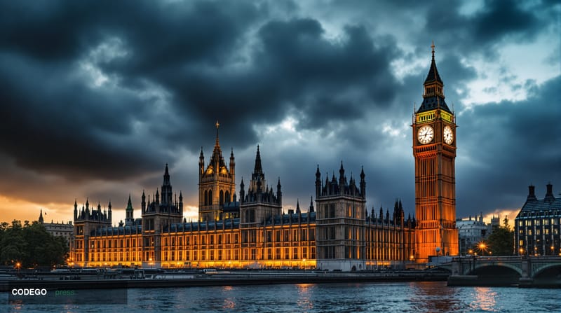 A cinematic editorial photograph of the iconic Houses of Parliament and Big Ben in Westminster, London, captured during the d