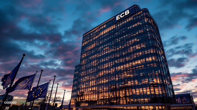 A cinematic editorial photograph capturing the ECB headquarters in Frankfurt, Germany, with its distinctive modern glass and 