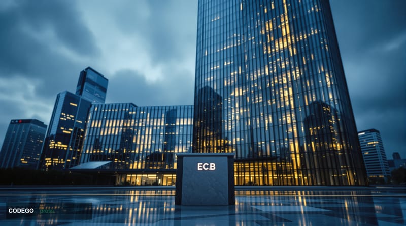 A dramatic photorealistic editorial photograph showcasing the tension between European monetary policy and digital assets. Th