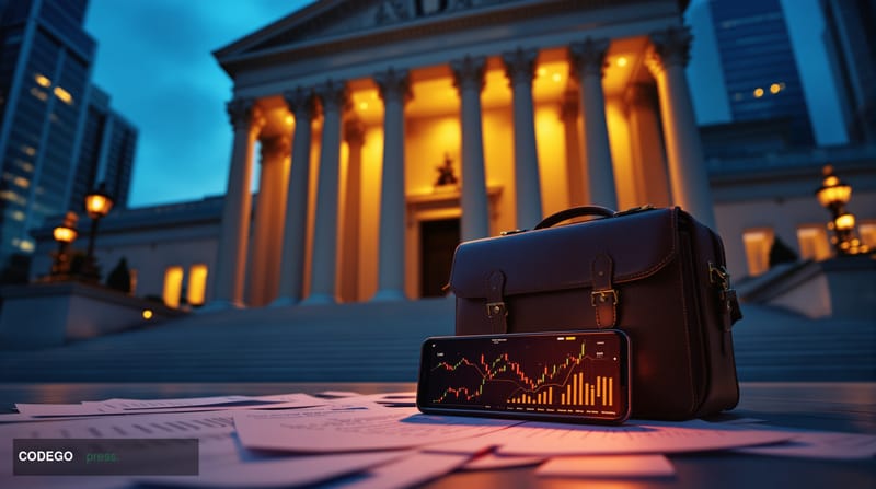 A cinematic editorial photograph of a modern American courthouse entrance with imposing neoclassical columns and "United Stat