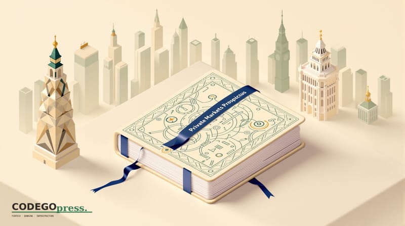 Large embossed private markets prospectus with navy binding ribbon in centre, Lazard geometric tower silhouette on the left w