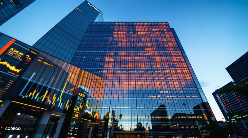 A photorealistic editorial photograph of a modern glass-and-steel banking headquarters at golden hour, shot from ground level