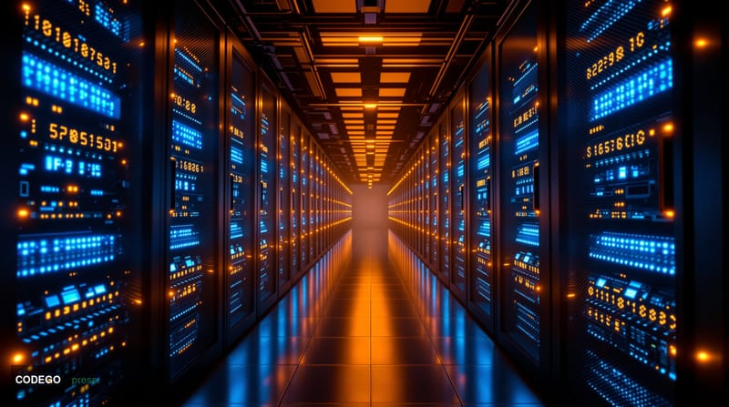 A photorealistic editorial photograph showing a dramatic datacenter server room with rows of illuminated Linux servers stretc