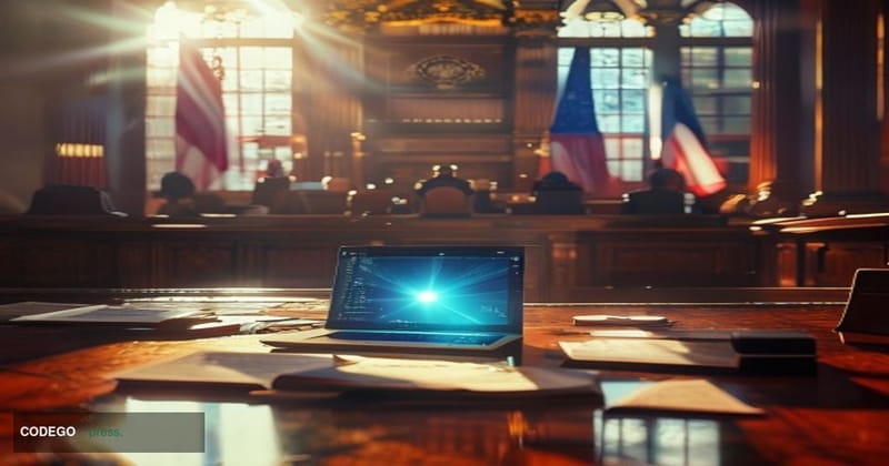 A photorealistic courtroom scene captured from the perspective of the gallery looking toward the judge's bench, with warm amb