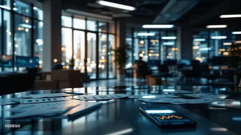 A cinematic editorial photograph showing a modern tech startup office space in apparent shutdown mode, with empty workstation