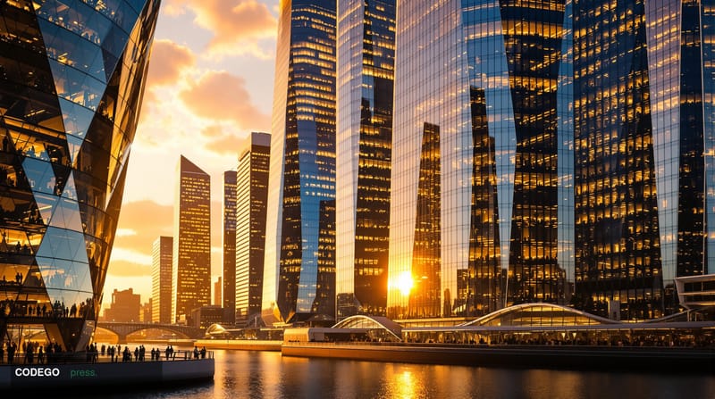 A dramatic aerial photograph of London's financial district at golden hour, showcasing the gleaming glass towers of Canary Wh