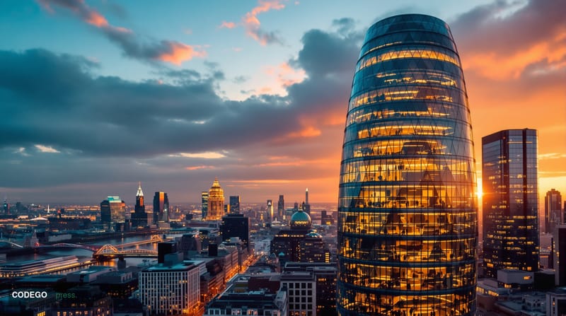 A cinematic editorial photograph capturing London's financial district skyline with the iconic Gherkin and modern banking tow