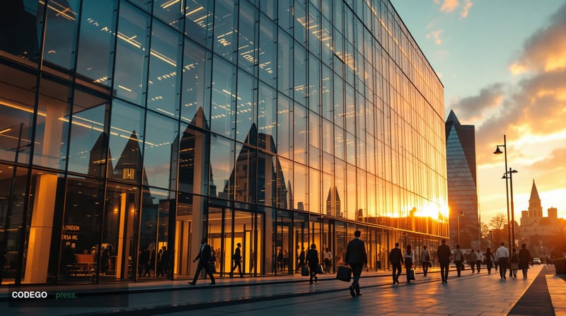 A photorealistic editorial photograph showcasing LemFi's London headquarters establishment, featuring the iconic London finan