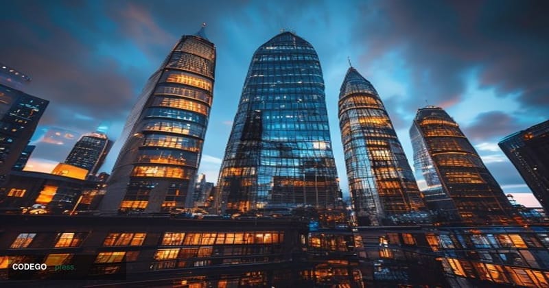 A cinematic editorial photograph showcasing London's financial district with the iconic Canary Wharf towers dominating the sk