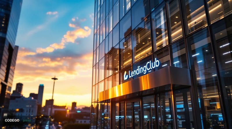 A cinematic editorial photograph of LendingClub's modern corporate headquarters building in San Francisco, shot during golden