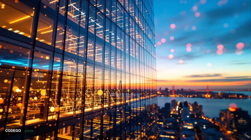 A photorealistic editorial photograph showcasing the headquarters of LendingClub in San Francisco's financial district, captu
