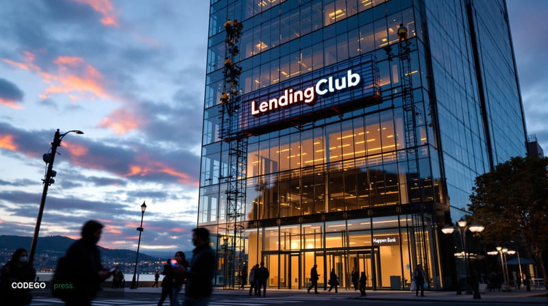 A photorealistic editorial photograph capturing the corporate transformation of a major fintech company. The scene shows a mo