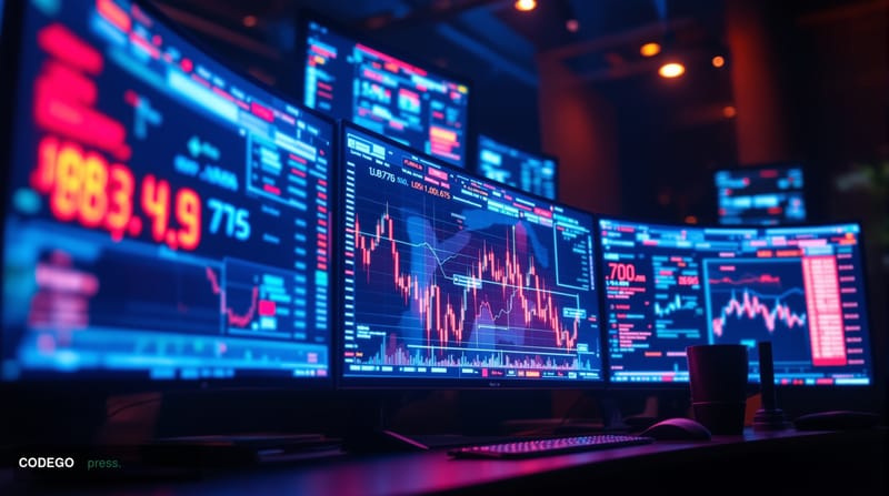 A cinematic editorial photograph showing a sophisticated DeFi trading interface on multiple monitors displaying LESS Protocol