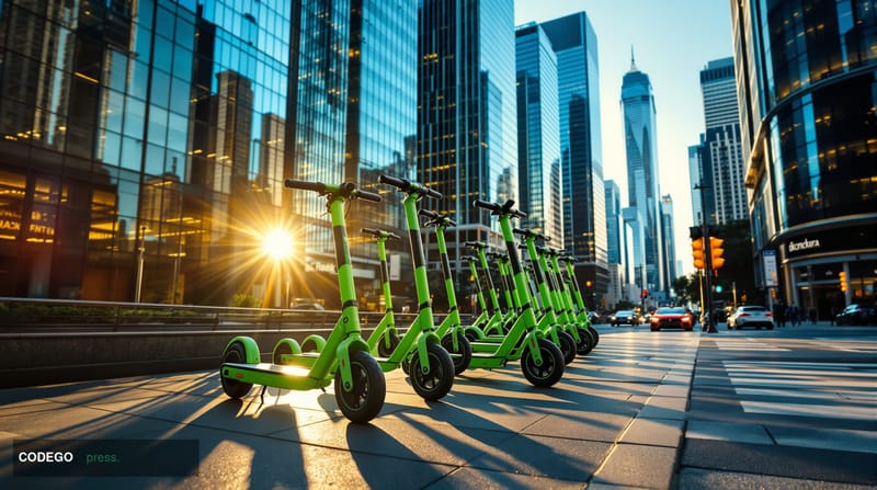 A cinematic editorial photograph of Lime's distinctive bright green electric scooters and bikes lined up along a busy urban s