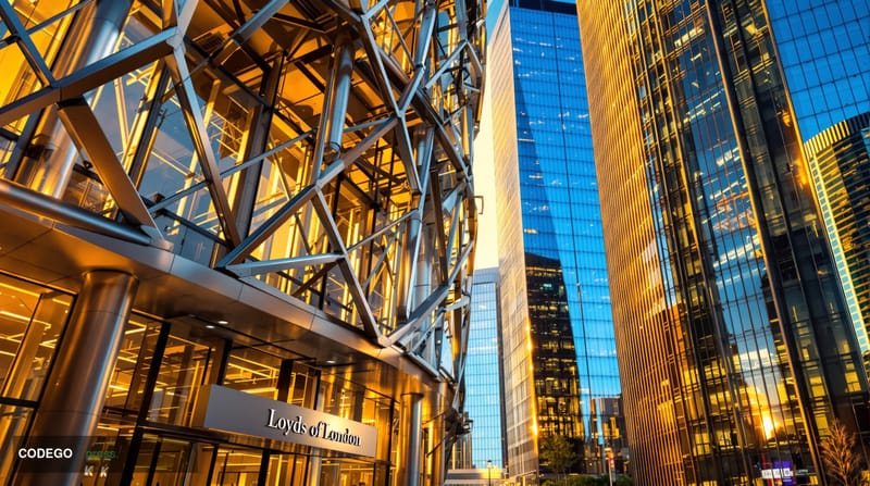 A photorealistic editorial photograph showing the iconic Lloyds of London building in the City of London financial district, 