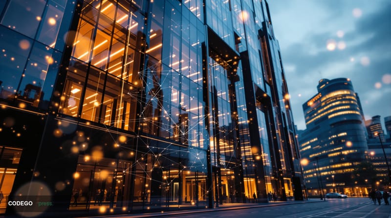 A cinematic editorial photograph of the iconic Lloyds Banking Group headquarters building in London, featuring the distinctiv