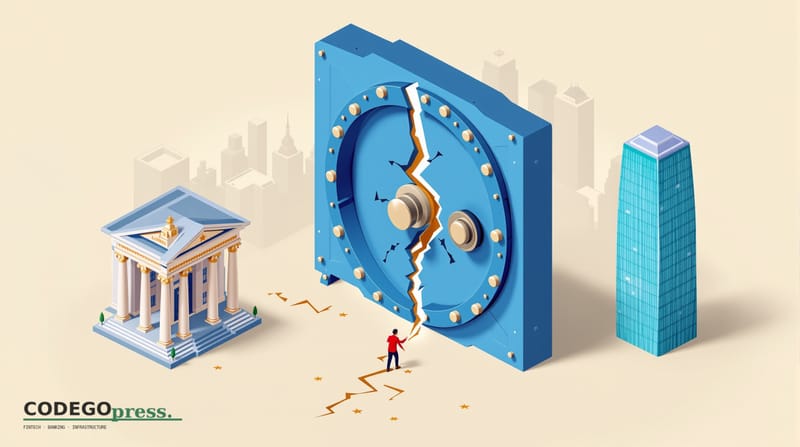 Large blue banking-vault door with cracks spreading across it in centre, Lloyds classical columned headquarters on the left, 