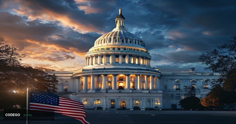 Photorealistic editorial photograph of the United States Capitol building dome at dusk, with dramatic chiaroscuro lighting cr