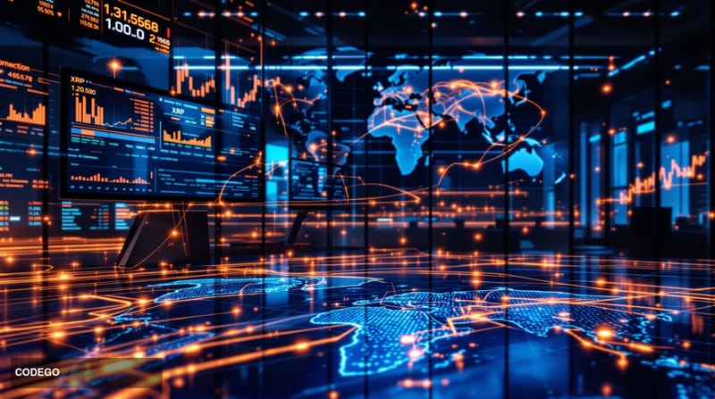 A dramatic editorial photograph capturing the convergence of traditional finance and blockchain technology. The scene shows a