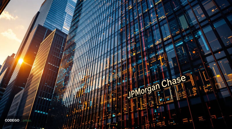 A cinematic editorial photograph showing the imposing headquarters of JPMorgan Chase at 270 Park Avenue in Manhattan, shot fr