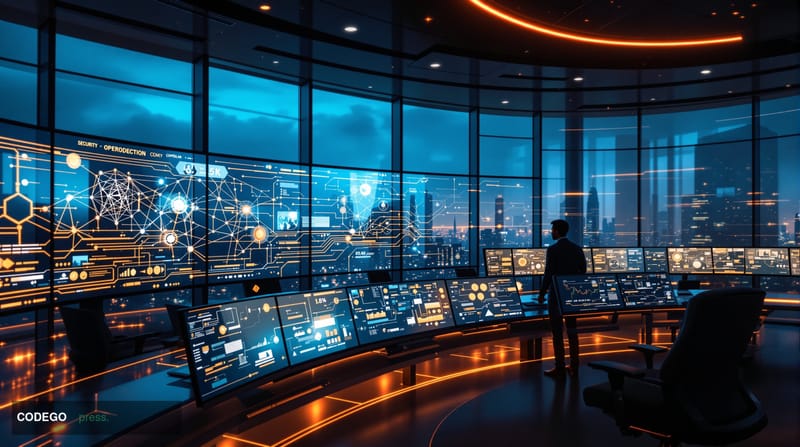 A dramatic photorealistic editorial photograph showcasing a major bank's cybersecurity command center, with multiple curved m
