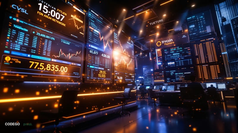 A cinematic editorial photograph capturing the historic convergence of traditional finance and blockchain technology. The sce